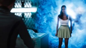 Priscilla Quintana in Pandora TV series surrounded by space time warp cloud