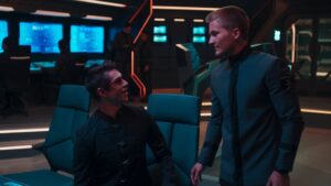 Spaceship command deck in futuristic cyan blue lighting