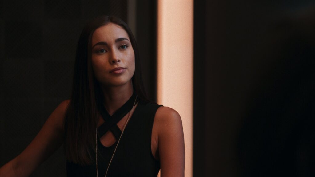 Beauty close-up shot of actress Priscilla Quintana on Pandora tv series set