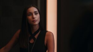 Beauty close-up shot of actress Priscilla Quintana on Pandora tv series set