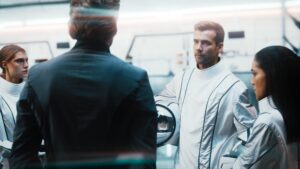 Oliver Dench in spacesuit talking to crew