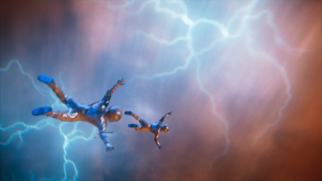 Astronat flying through space thunderstorm cloud