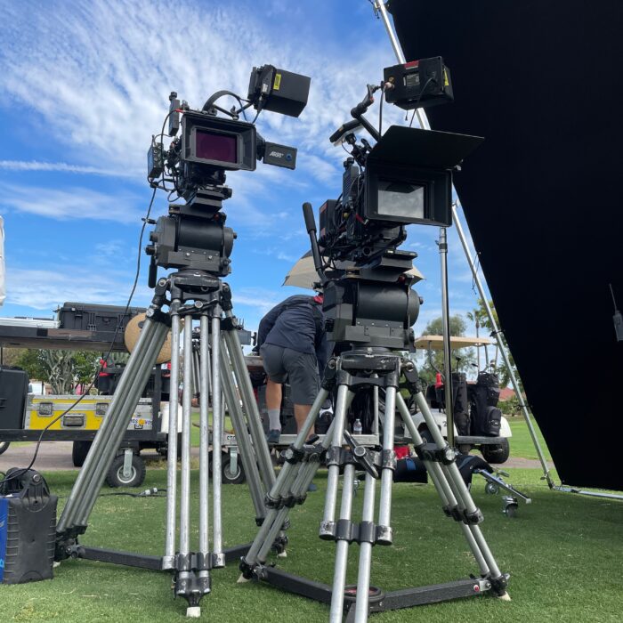 Low angle shot of two large cinema arri alexa cameras on tripods