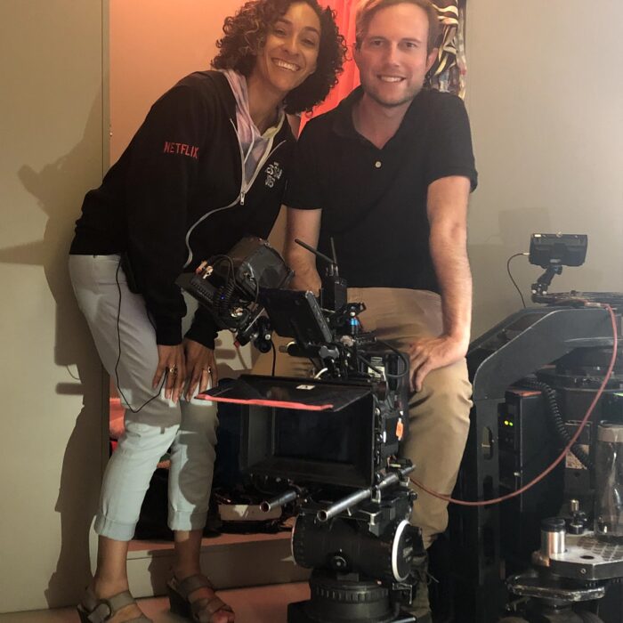 Maximilian Schmige and Tirsa Hackshaw with panther dolly and cinema camera set up