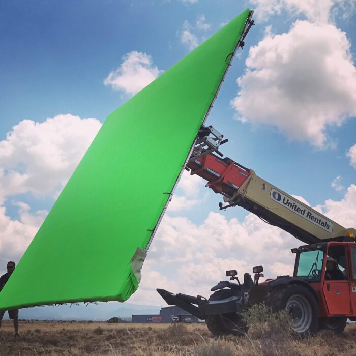 Large greenscreen frame on a lift