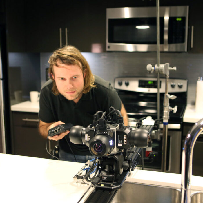 Maximilian Schmige programming 360design blackmagic micro virtual reality 360 filmmaking camera set up on kitchen counter