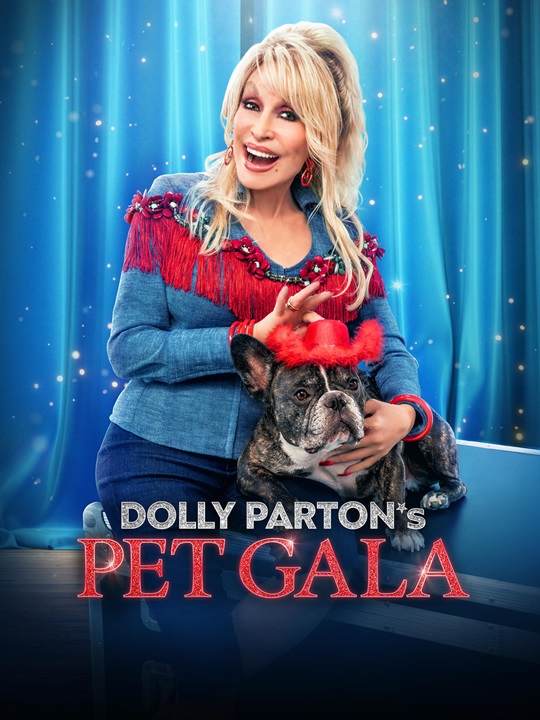 Dolly Parton with dog on her lap and blue curtains behind her. Image redirects to website.