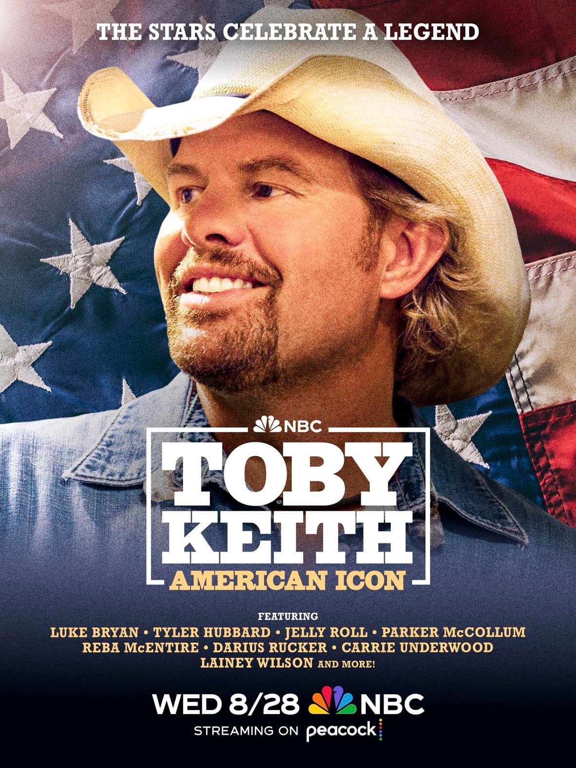 Close up of singer Toby Keith with american flag behind him. Image redirects to website.
