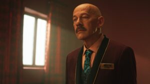 Dramatic low angle shot of a hotel porter