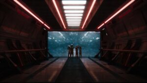 Space crew looking out spaceship door into space