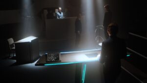 Dramatic sci-fi courtroom scene with pools of light