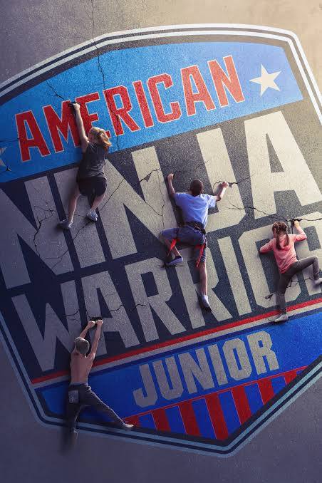 Four people climbing the logo American Ninja Warrior Junior. Image redirects to website.