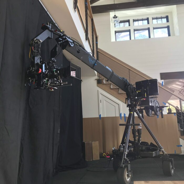 Jimmy Jit camera set up with large cinema lens on commercial production set