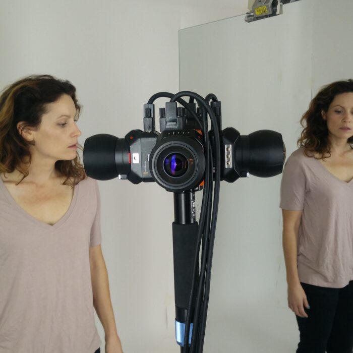 360design blackmagic virtual reality camera set up with woman in the background looking at a mirror