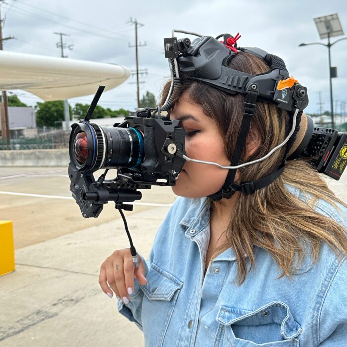 Woman with POV helmet rig with Sony A7 camera