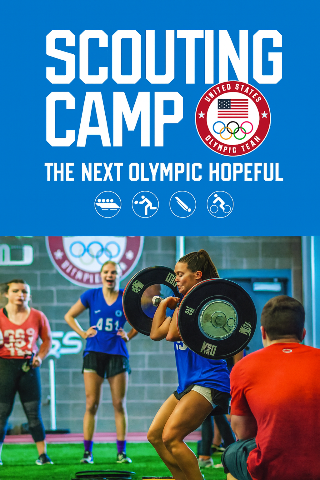 Poster. Woman weight lifting. Scouting Camp title on top.