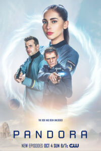Poster of TV series Pandora with cast of in space cadet uniforms guns blazing and standing confident in a collage arrangement